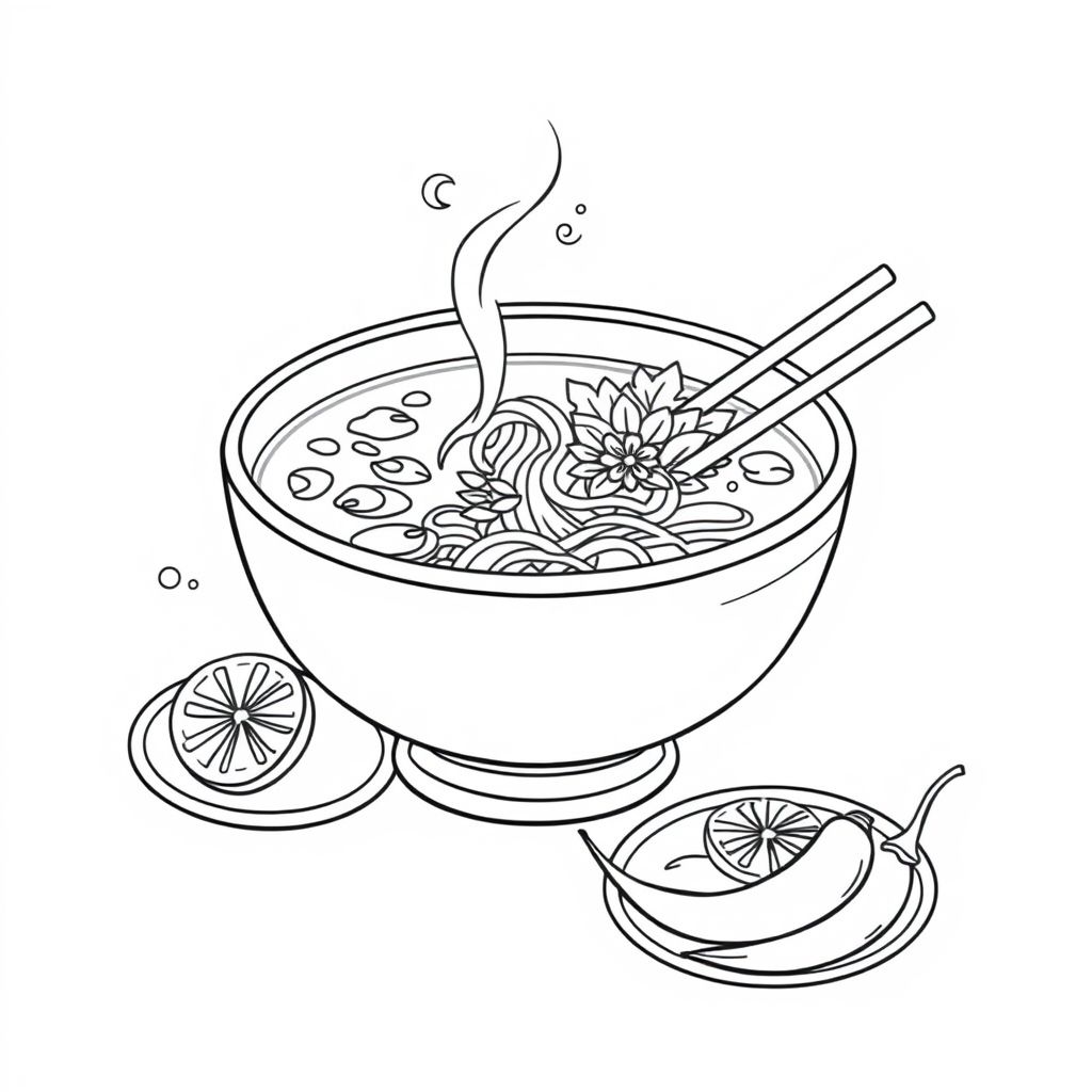 Tô phở thơm ngon cùng đĩa chanh và ớt, hãy thỏa sức sáng tạo với hình tô màu này để thể hiện tình yêu với món ăn truyền thống!