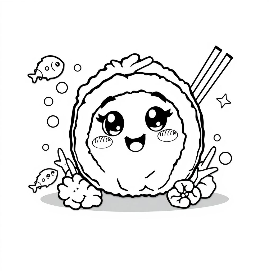 Khám phá thế giới ẩm thực qua hình tô màu sushi cá hồi phong cách Chibi, nơi sự dễ thương và hương vị hòa quyện trong từng nét vẽ!