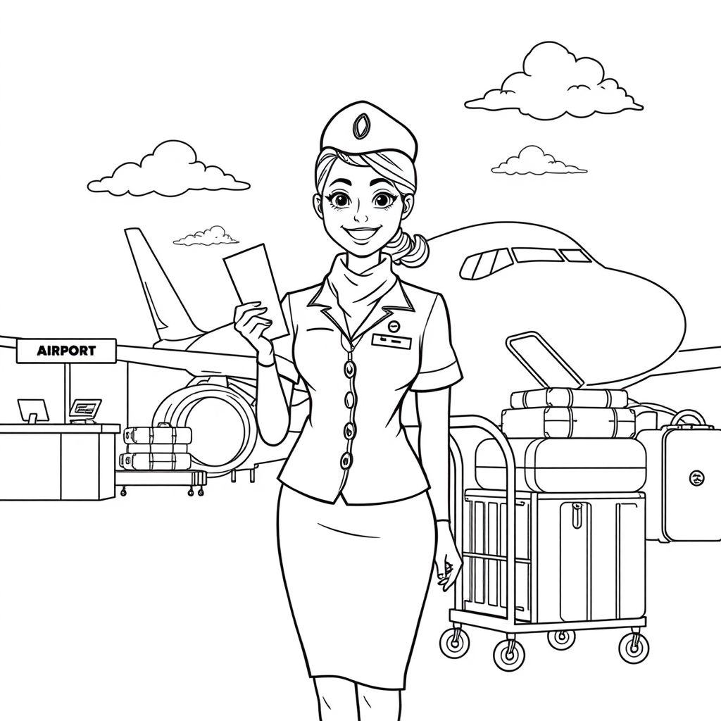Khám phá thế giới bay cùng hình tô màu sân bay và tiếp viên hàng không! Trẻ nhỏ thỏa thích sáng tạo, học hỏi về nghề tiếp viên qua từng đường nét sinh động của hình ảnh này.