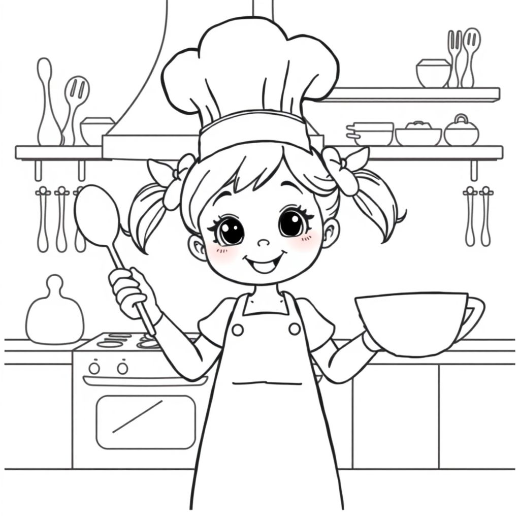 Khám phá thế giới ẩm thực qua hình tô màu đầu bếp nhí nữ xinh xắn này, giúp bé yêu thể hiện đam mê nấu nướng và sáng tạo trong vai trò của một đầu bếp nhỏ xinh!