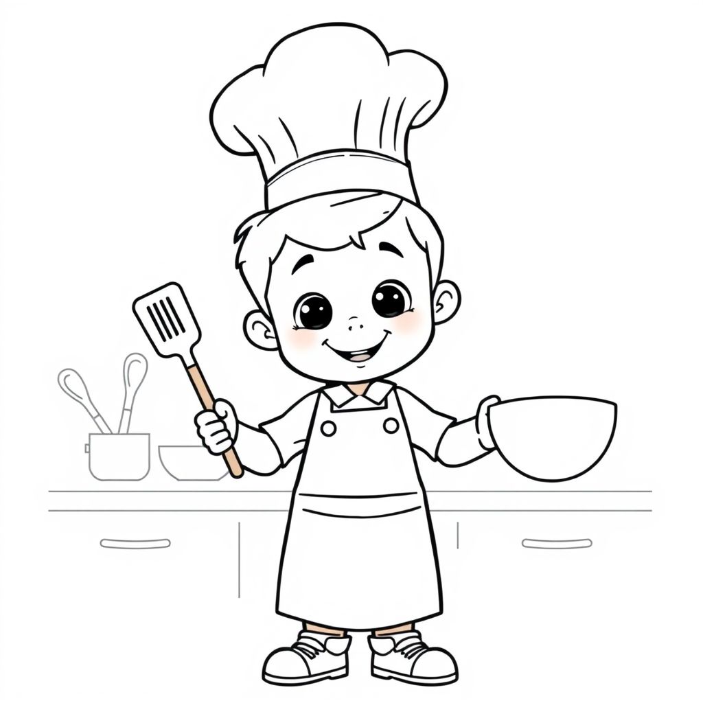 Khám phá thế giới ẩm thực qua hình tô màu: Bé trai làm đầu bếp vui vẻ, sẵn sàng sáng tạo những món ăn ngon miệng!