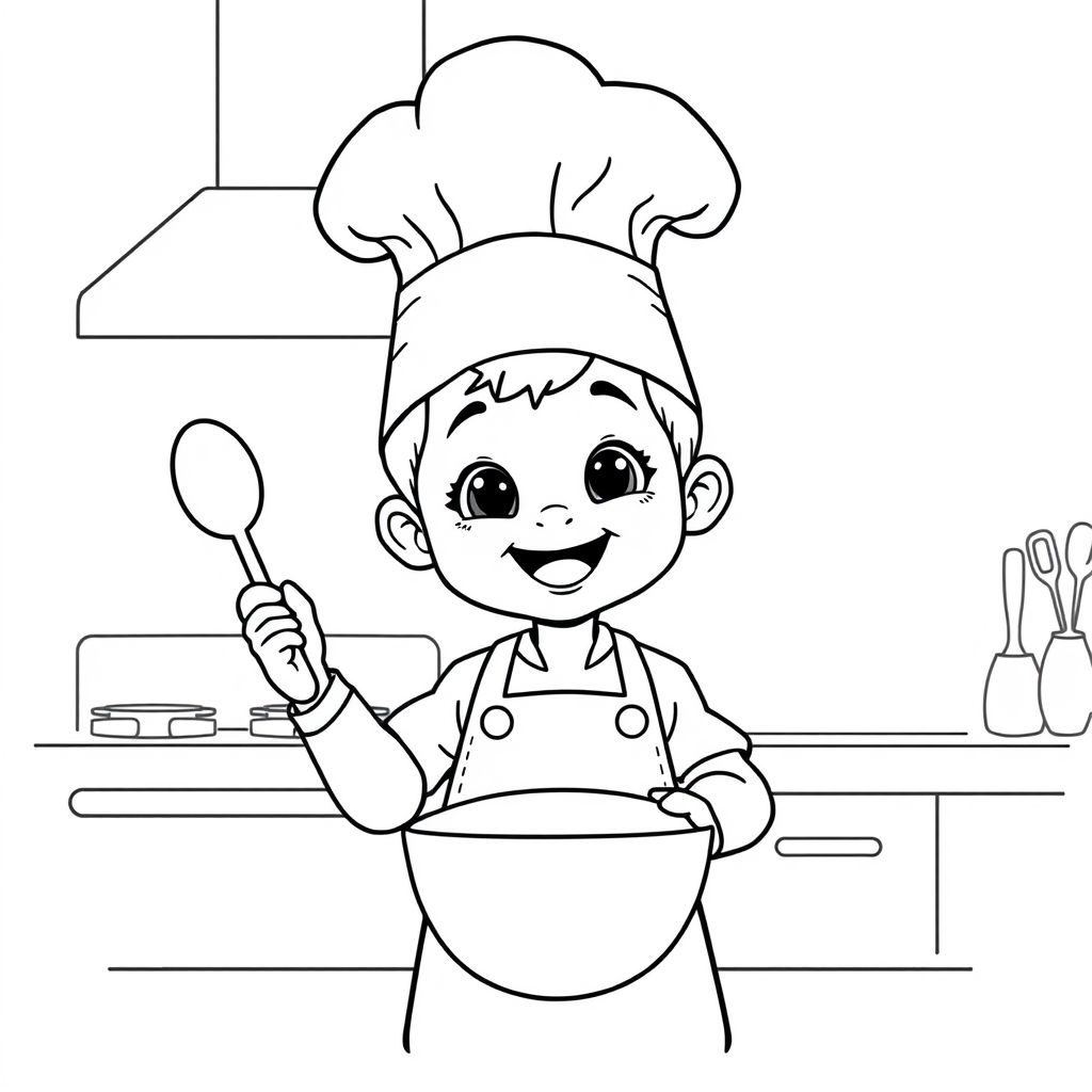 Khám phá thế giới ẩm thực qua hình tô màu đầu bếp nhí đáng yêu! Bé yêu thích làm đầu bếp, sáng tạo trong căn bếp nhỏ của mình.