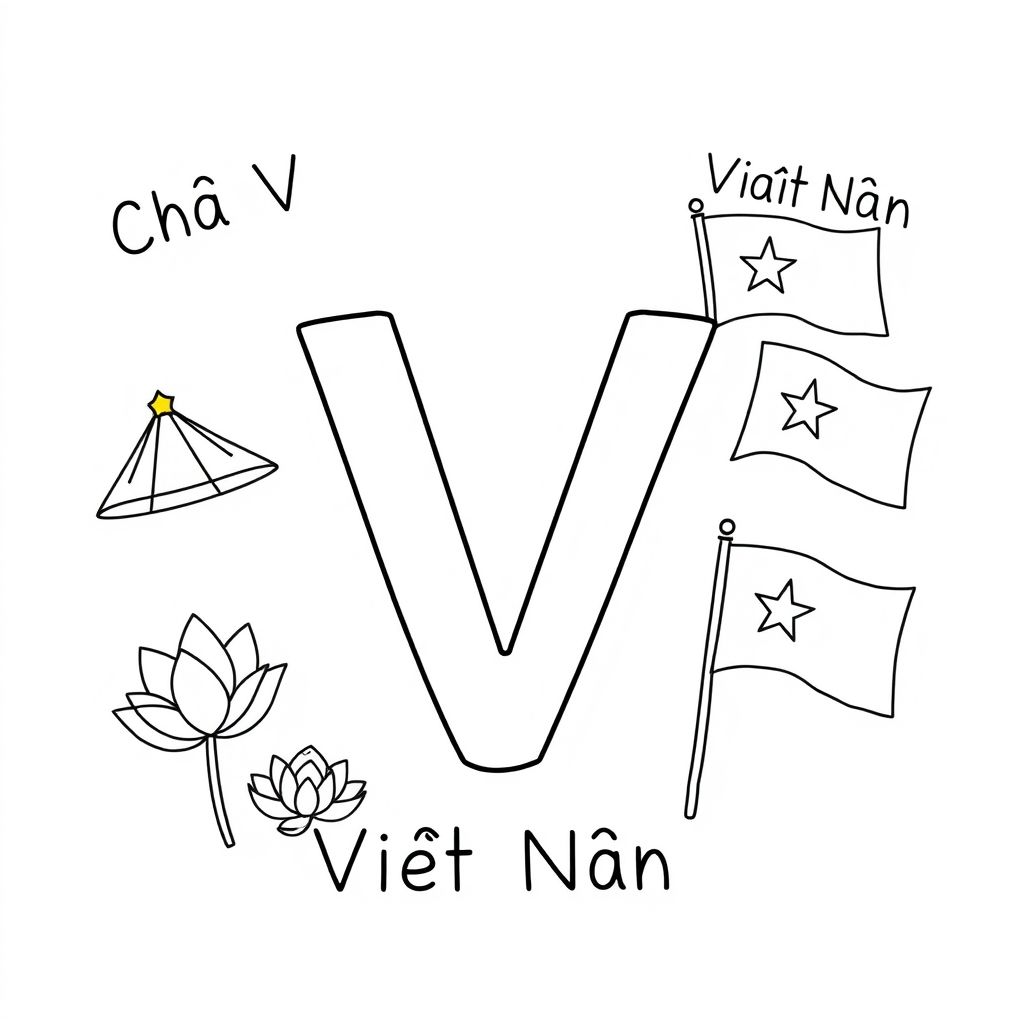 Khám phá vẻ đẹp qua tranh tô màu chữ V, hình ảnh sinh động thể hiện tinh thần Việt Nam, mang đến niềm vui sáng tạo và yêu quê hương.