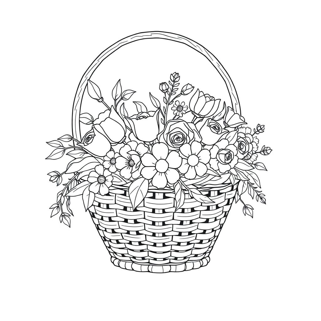 Khám phá vẻ đẹp của tranh tô màu giỏ hoa đẹp qua hình ảnh sống động này, nơi những bông hoa tươi tắn trong giỏ đựng mang đến cảm giác tươi mới và đầy sức sống.