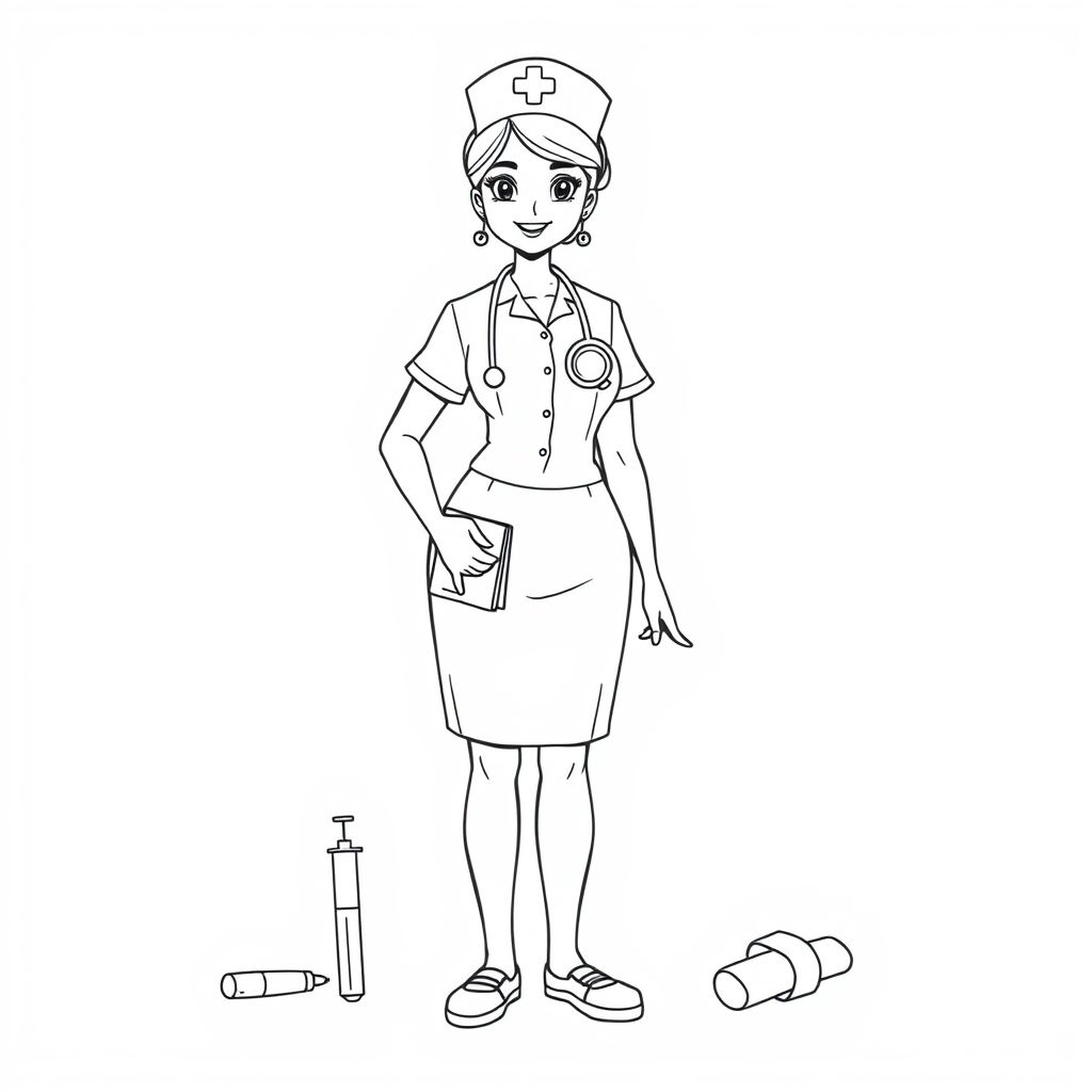 Hình tô màu nữ y tá thân thiện trong trang phục y tế, cầm dụng cụ y tế, thể hiện lòng tận tâm chăm sóc sức khỏe mọi người.