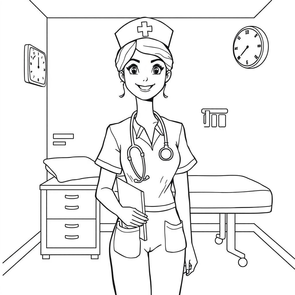 Khám phá thế giới y tế qua hình tô màu nữ y tá trong phòng khám, giúp bé yêu thêm yêu thích công việc của các y tá tận tâm và chăm sóc bệnh nhân chu đáo.