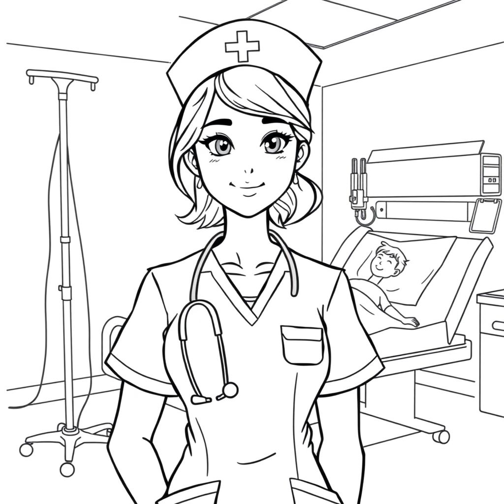 Khám phá thế giới y tế qua hình tô màu nữ y tá chăm sóc bệnh nhân trong bệnh viện, khơi nguồn đam mê và trách nhiệm của những người hùng thầm lặng.