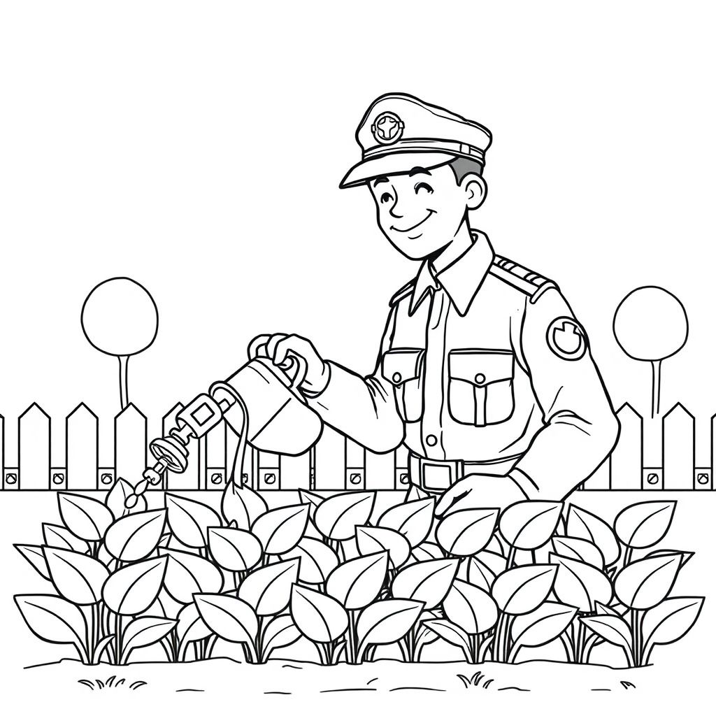 Bộ đội đang chăm chỉ làm vườn, hình tô màu sinh động thể hiện tinh thần lao động hăng say và yêu quê hương.