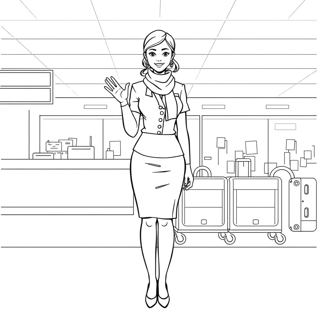 Khám phá thế giới qua nét vẽ vui nhộn của hình tô màu nữ tiếp viên hàng không tại sân bay, mang đến niềm đam mê bay bổng và sự năng động của ngành hàng không.