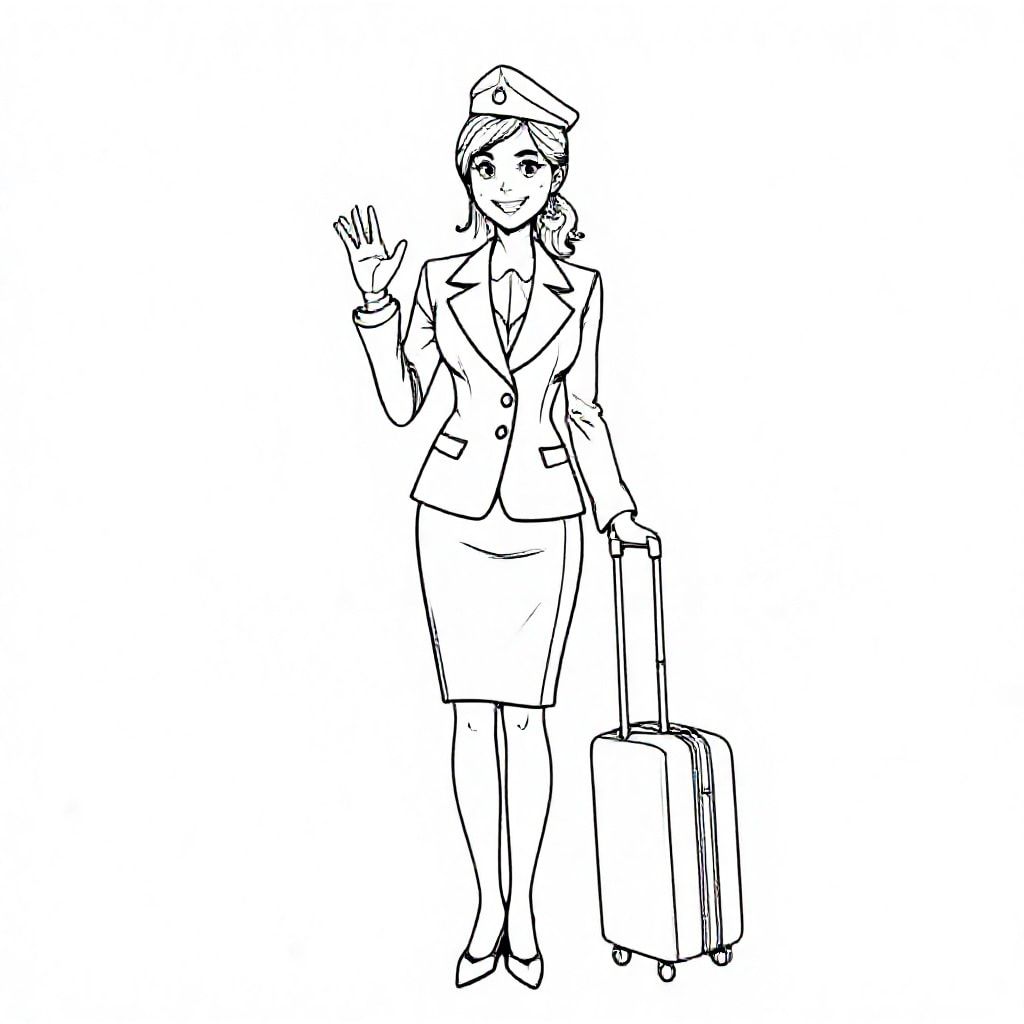 Bức tranh tô màu đáng yêu về một nữ tiếp viên hàng không xách hành lý, thể hiện sự năng động và thân thiện của các tiếp viên hàng không trong hành trình bay.