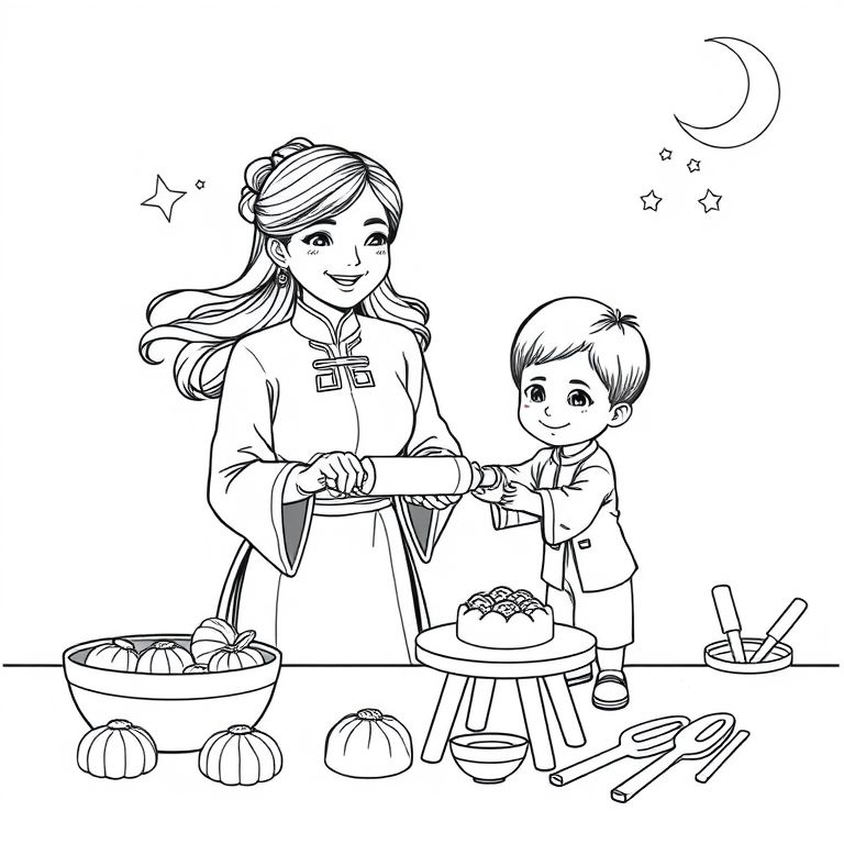 Cùng bé thưởng thức bánh trung thu trong hình tô màu vui nhộn này, nơi chị Hằng Nga rộn ràng làm bánh trung thu để đón Tết đoàn viên!